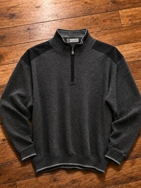 Bachrach Merino Wool Blend Quarter Zip Sweater L Charcoal Suede Trim Italy